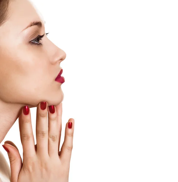 Portrait of beauty woman with red bright manicure on white backg — Stock Photo, Image