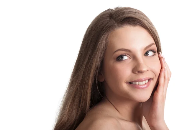 Porträt einer fröhlichen jungen Frau betrachten Exemplar gegen — Stockfoto