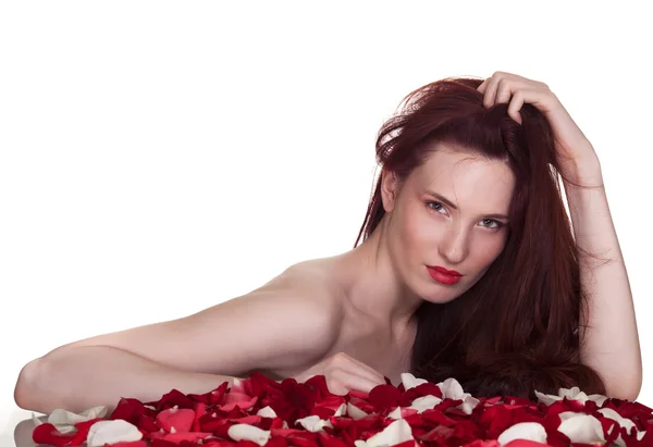 Hermosa mujer y rosas pétalos sobre fondo blanco — Foto de Stock