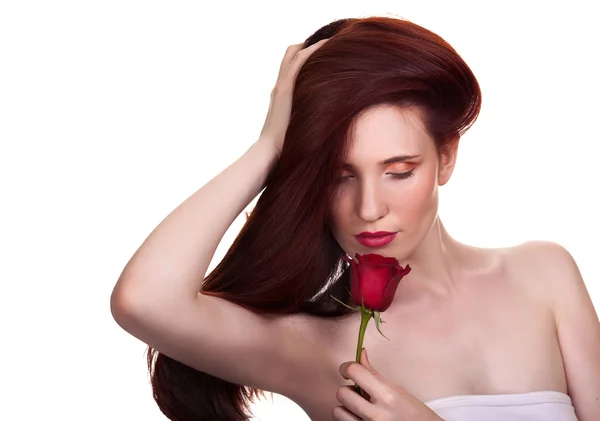 Portret zmysłowy piękna kobieta z różą na biały deseń — Zdjęcie stockowe