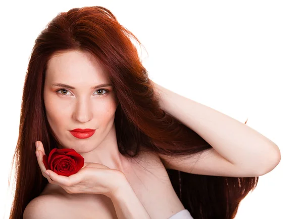 Portrait of sensual beautiful woman with red rose on white backg — Stock Photo, Image