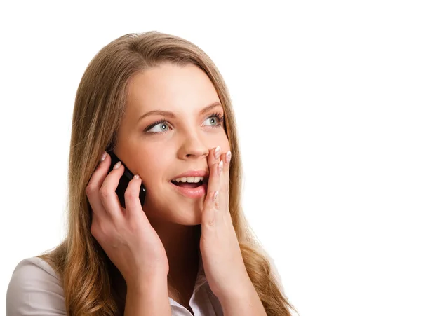 Ung flicka med telefon isolerad på vit — Stockfoto