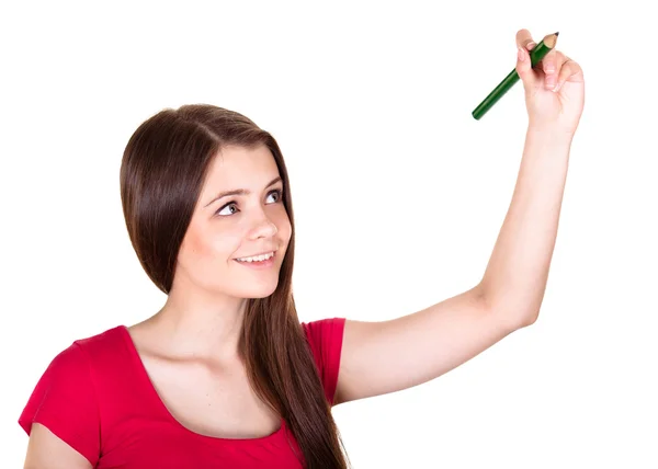 Menina adolescente atraente escrever qualquer palavra em um espaço de cópia isolado — Fotografia de Stock