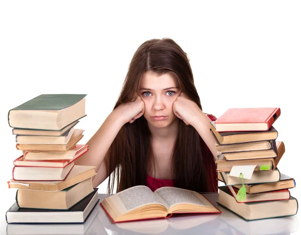 Mladá dívka studium s knihou, samostatný — Stock fotografie