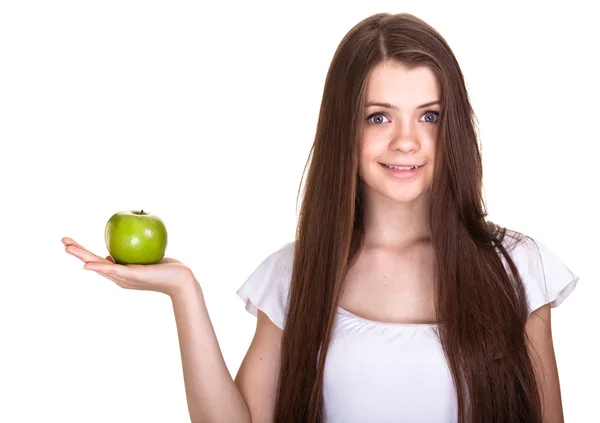 Young happy smiling teen girl with green apple isolated on white — Stock Photo, Image