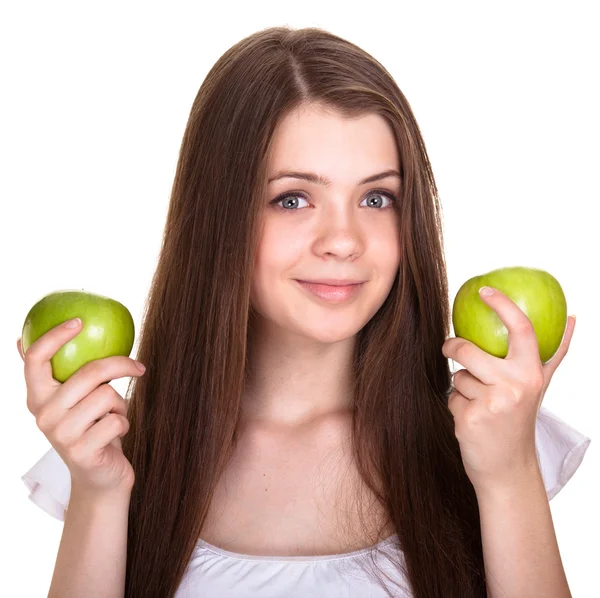 Genç mutlu gülümseyen genç kız ile üzerine beyaz izole yeşil elma — Stok fotoğraf