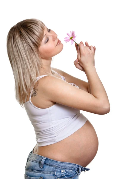 Portrait d'une femme enceinte avec fleur isolé sur blanc backgro — Photo