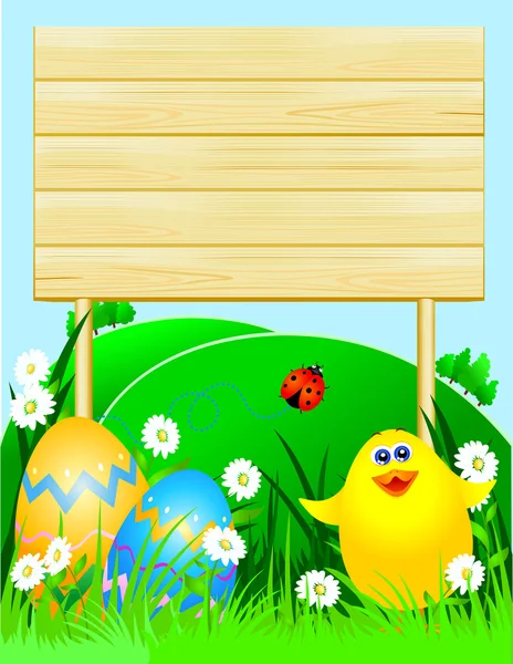 Easter background with wooden sign, vector — Stock Vector