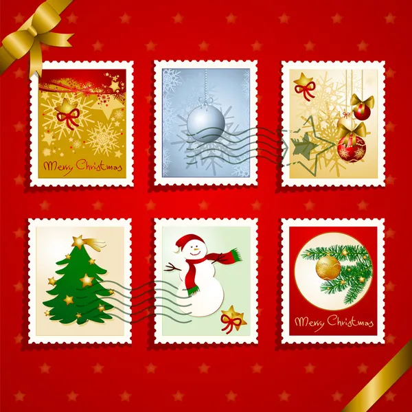 Selos de Natal e carimbo postal — Vetor de Stock