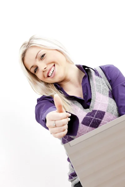 Sitting young businesswoman with a notebook — Stock Photo, Image