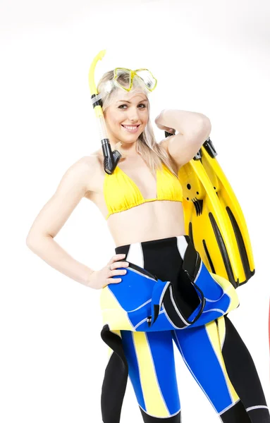 Portrait of young woman wearing neoprene with snorkeling equipme — Stock Photo, Image