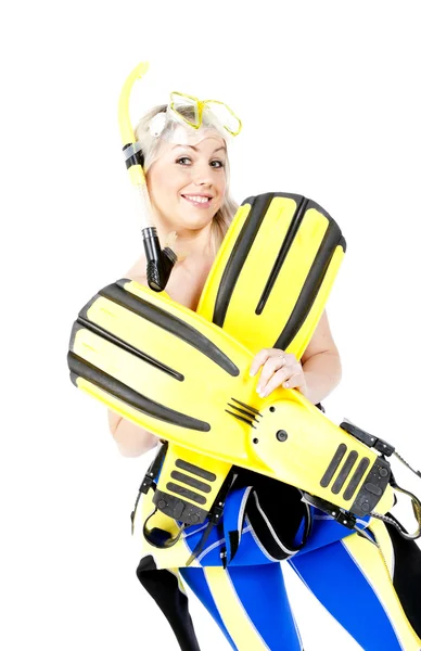 Portret van een jonge vrouw dragen neopreen met snorkelen equipme — Stockfoto