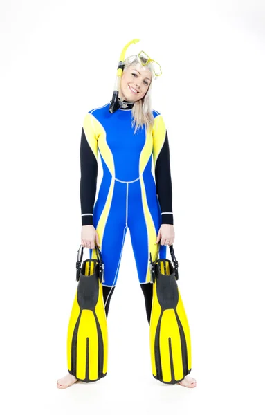 Standing young woman wearing neoprene with snorkeling equipment — Stock Photo, Image