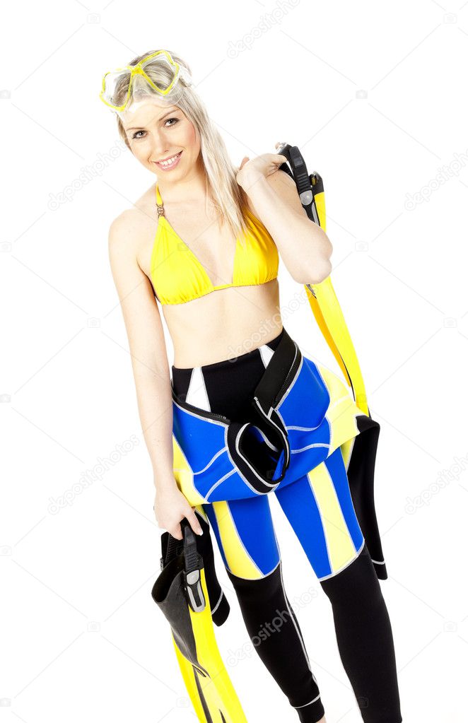 Standing young woman wearing neoprene with diving equipment