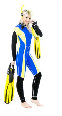 Standing young woman wearing neoprene with snorkeling equipment clipart