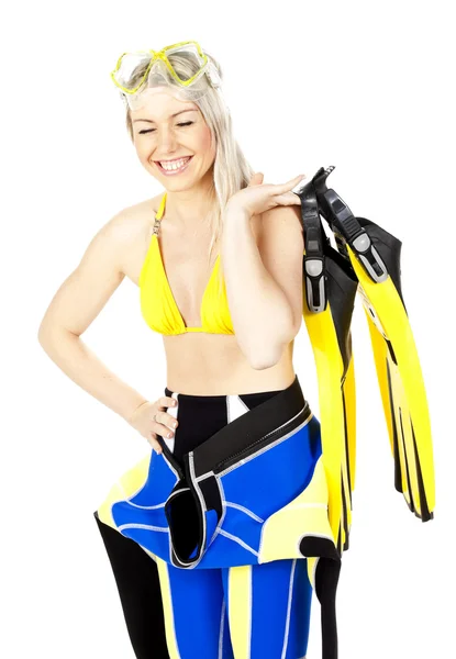 Portrait of young woman wearing neoprene with diving equipment — Stock Photo, Image