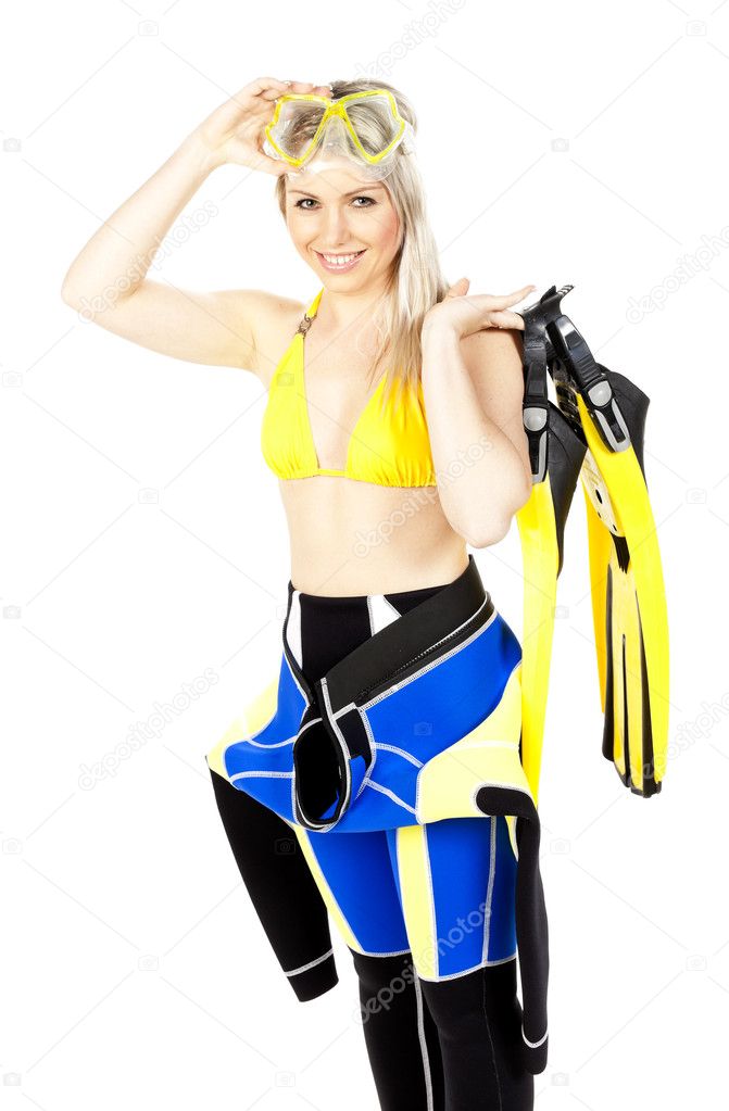 Standing young woman wearing neoprene with diving equipment