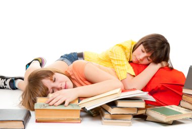 Two schoolgirls were tired of reading books clipart