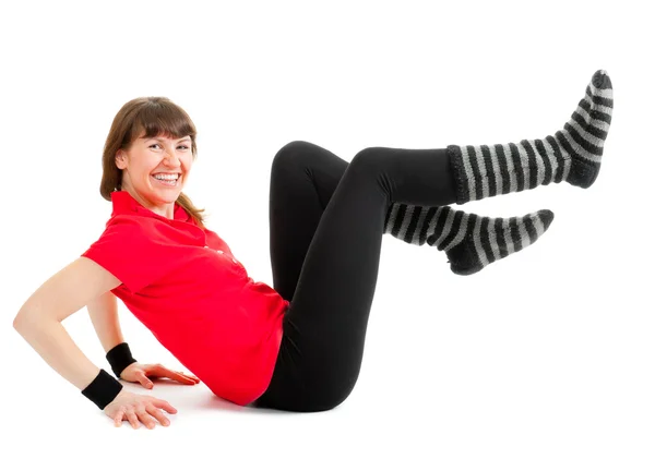 Happy young woman makes fitness exersises — Stock Photo, Image