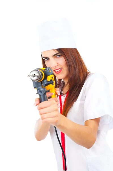 Mad nurse wants to drill you — Stock Photo, Image