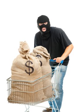 Happy robber with sack full of dollars clipart