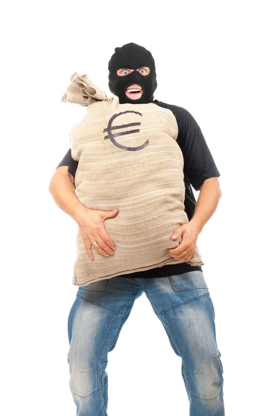 Feliz ladrón con saco lleno de euros — Foto de Stock