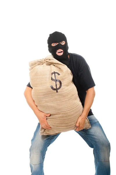 Happy robber with sack full of dollars — Stock Photo, Image