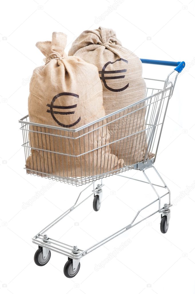 Two sacks full of euro in shopping cart