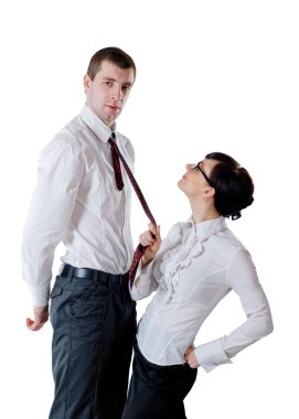 Woman pull a man by necktie clipart