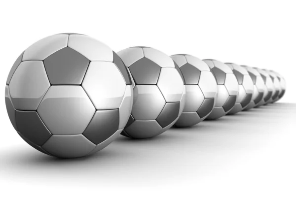 Bolas de futebol em uma linha conceito de trabalho em equipe — Fotografia de Stock