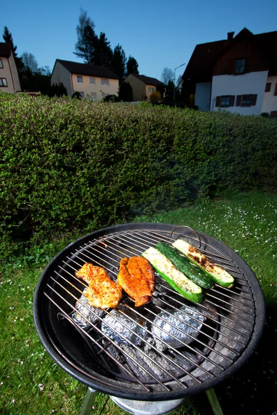 Vepřový steak a cuketa na grilu venku — Stock fotografie