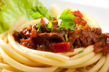 Hongaarse goulash met macaroni pasta