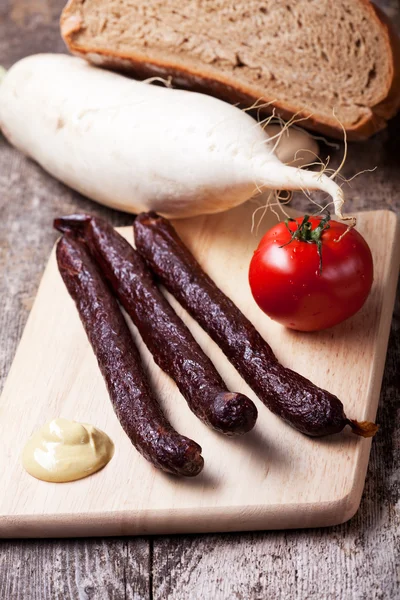 stock image Bavarian sausages, mustard and bread