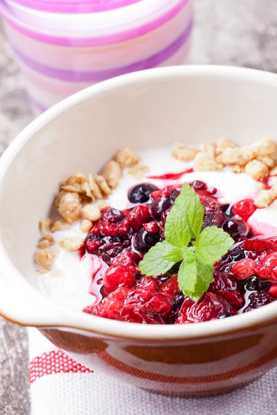 stock image Closeup of breakfast cereals with fruits and yoghurt