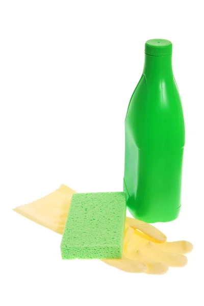 Luva de borracha com esponja e detergente de limpeza — Fotografia de Stock