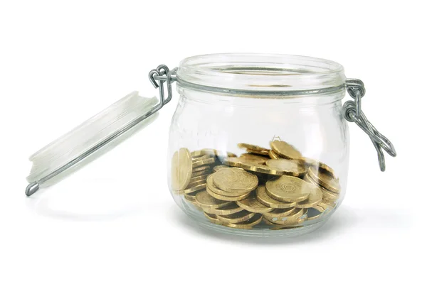 Монети в скляній банці — стокове фото