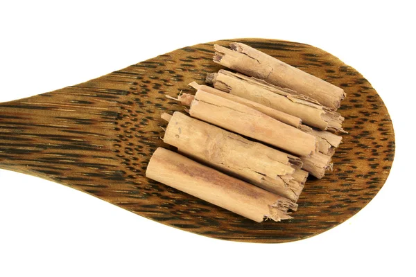 Paus de canela na colher de madeira — Fotografia de Stock