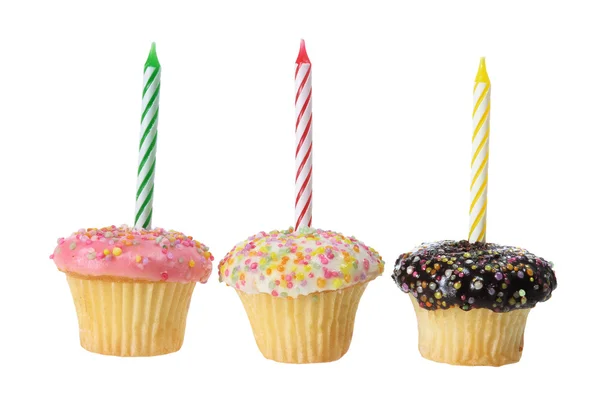 Cup cakes met birthday kaarsen — Stockfoto