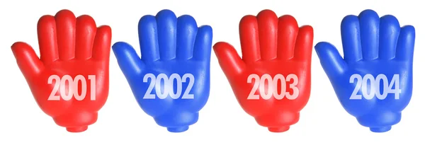 Mãos de brinquedo vermelho com anos — Fotografia de Stock