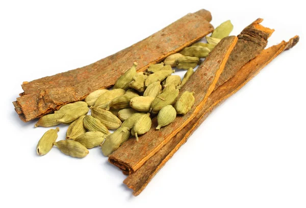 Cardamom seeds with cinnamon bark — Stock Photo, Image