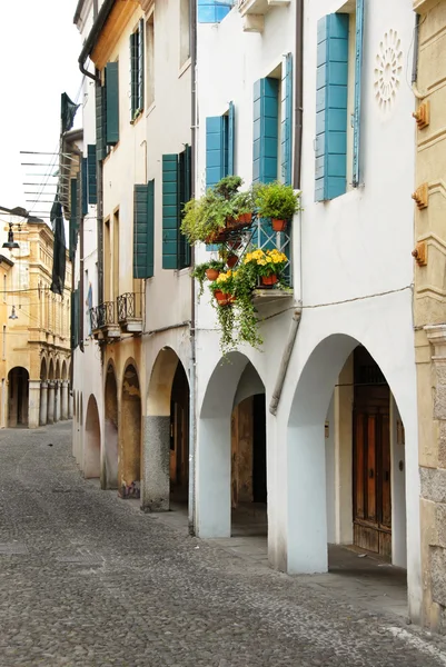 Улица в Италии, терраса с цветочными горшками — стоковое фото