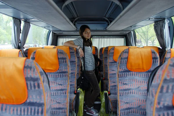 Teenage girl tourist in bus — Stock Photo, Image