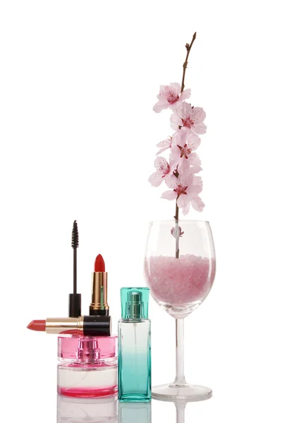Cosmetics and cherry flower — Stock Photo, Image