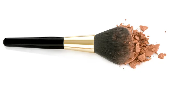 Escova de maquilhagem e pó marrom — Fotografia de Stock