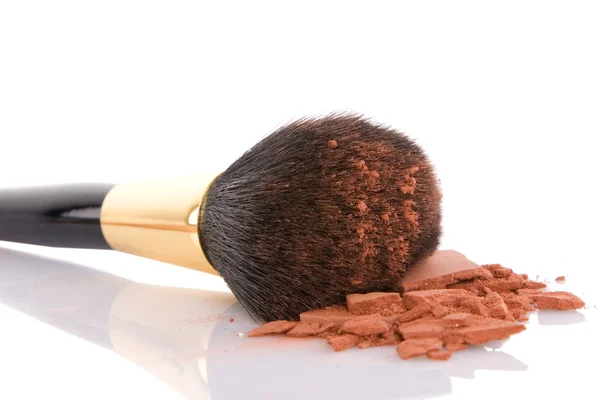 Escova de maquilhagem e pó marrom — Fotografia de Stock