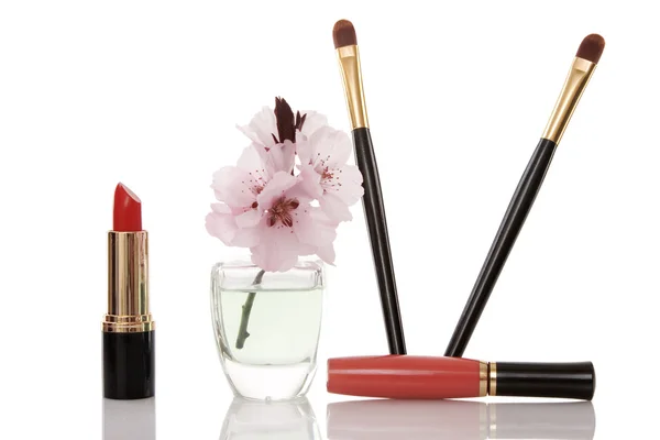 Cosmetics and cherry flower — Stock Photo, Image