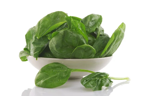 stock image Fresh spinach in a white bowl