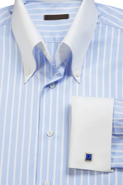 Cufflink on blue striped shirt — Stock Photo, Image