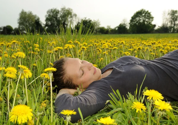 Mujer yace en un prado de flores — Foto de Stock