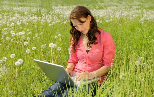 Γυναίκα με φορητό υπολογιστή σε ένα λιβάδι — Φωτογραφία Αρχείου